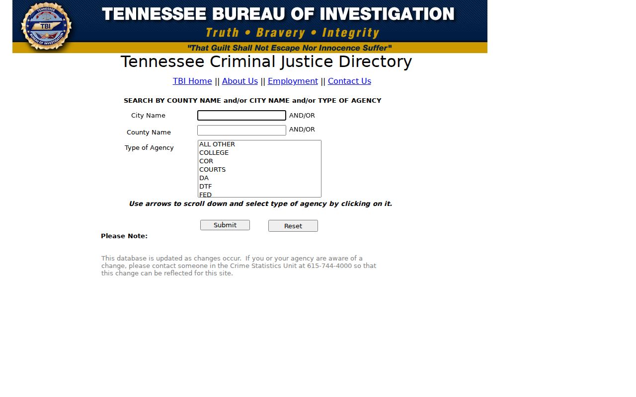 Campbell County warrant search reference: TBI agency directory, not a warrant list